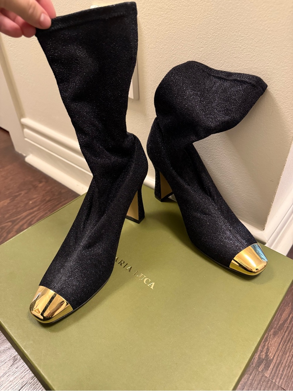 Black Stretch Heeled Sock Booties with Gold Cap Toe